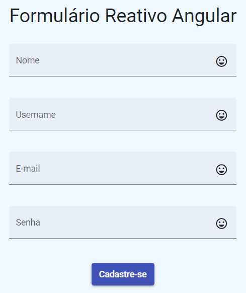 Formulário com quatro campos vazios: nome, username, email e senha e um botão azul com o nome: Cadastre-se.
