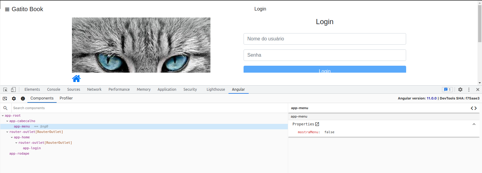 Exemplo da Angular DevTools em funcionamento, aberta em um componente de um projeto Angular em desenvolvimento. Do lado esquerdo, a árvore de componentes, com o componente app-menu selecionado, do lado direito, a propriedade desse componente, mostraMenu, com o valor false.