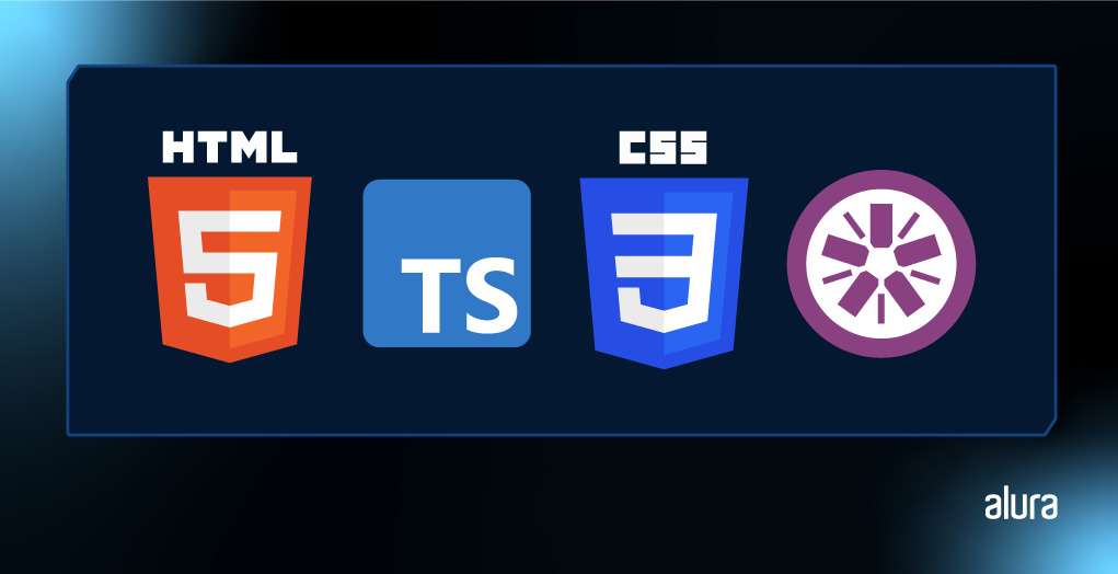 Imagem com os logos das linguagens e tecnologias: HTML5, TypeScript, CSS3 e Jasmine dispostos um ao lado do outro, com fundo azul escuro.