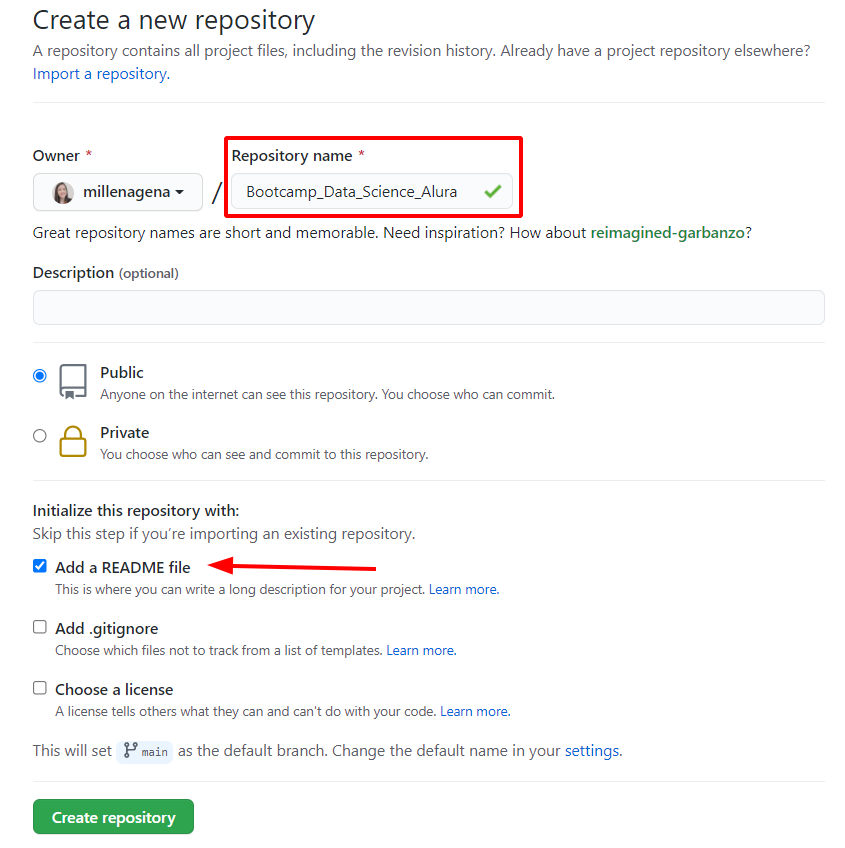 tela de criação de um novo repositório, onde o campo Repository name está destacado com um retângulo vermelho e existe uma seta vermelha apontando para a checkbox Add a README file #inset