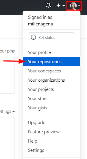 opções que aparecem ao clicar no ícone do perfil no canto superior da tela com uma seta vermelha indicando a opção "Your repositories" #inset