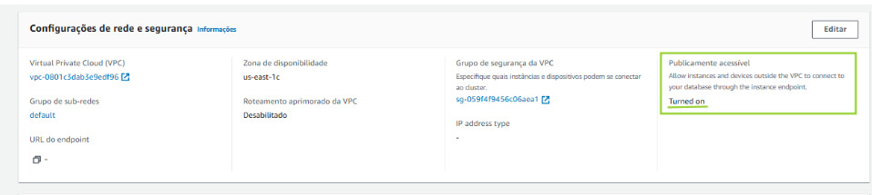 Seção de configurações de rede e segurança de uma instância na AWS, com destaque para a opção "Publicamente acessível" ativada, indicada por uma caixa verde ao redor do texto "Turned on".