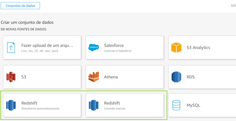Tela de criação de conjunto de dados no Amazon QuickSight, exibindo diversas opções de fontes de dados; as opções “Redshift - Descoberto automaticamente” e “Redshift - Conexão manual” estão destacadas por uma borda verde.
