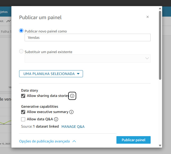 Janela de publicação de painel no Amazon QuickSight com a opção selecionada “Publicar novo painel como Vendas”, e configurações adicionais ativadas como “Allow sharing data stories” e “Allow executive summary”; botão “Publicar painel” visível no canto inferior direito.