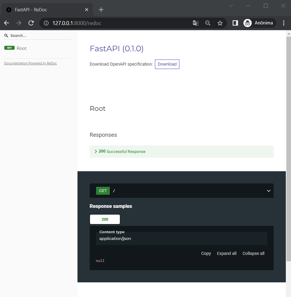 Aba do navegador Chrome com o método GET retornando a documentação alternativa gerada automaticamente pelo ReDocI onde temos o código 200 como retorno de uma aplicação no formato JSON.