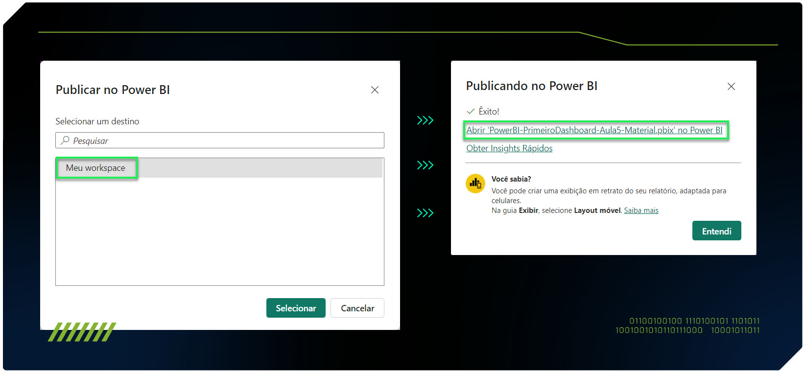 Capturas de tela para publicar o relatório no Power BI. À esquerda, temos a tela a escolha do espaço, destacado com um retângulo verde. À direita, temos a tela com o link para o relatório online destacado com um retângulo verde.