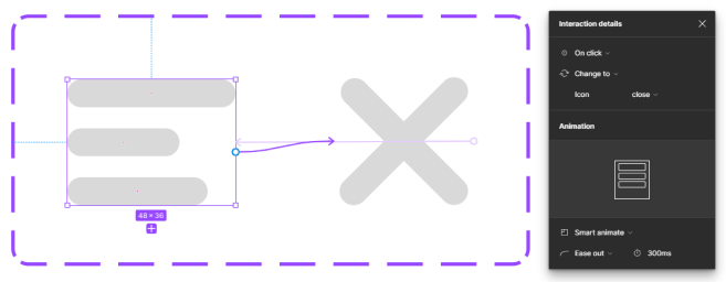 No lado esquerdo, o componente com as duas variantes aparecendo, em que a de menu hambúrguer está puxando uma interação para o formato de “X”. Ao lado direito, a janela de prototipagem, em que na seção “Interaction details” mostra a opção “On click” selecionada, e na seção “Animation”, a opção “Smart animate” com o tipo de curva “Ease out” e “300ms” de duração.