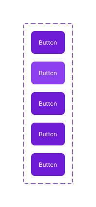 Imagem mostrando um componente de botão com cinco variants, ambas na cor roxa e com diferenças de tom de iluminação, contendo o texto Button.
