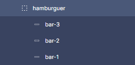 Painel de camadas do Figma com o grupo chamado “hamburguer” selecionado, com os três retângulos dentro nomeados como “bar-1”, “bar-2” e “bar-3”.