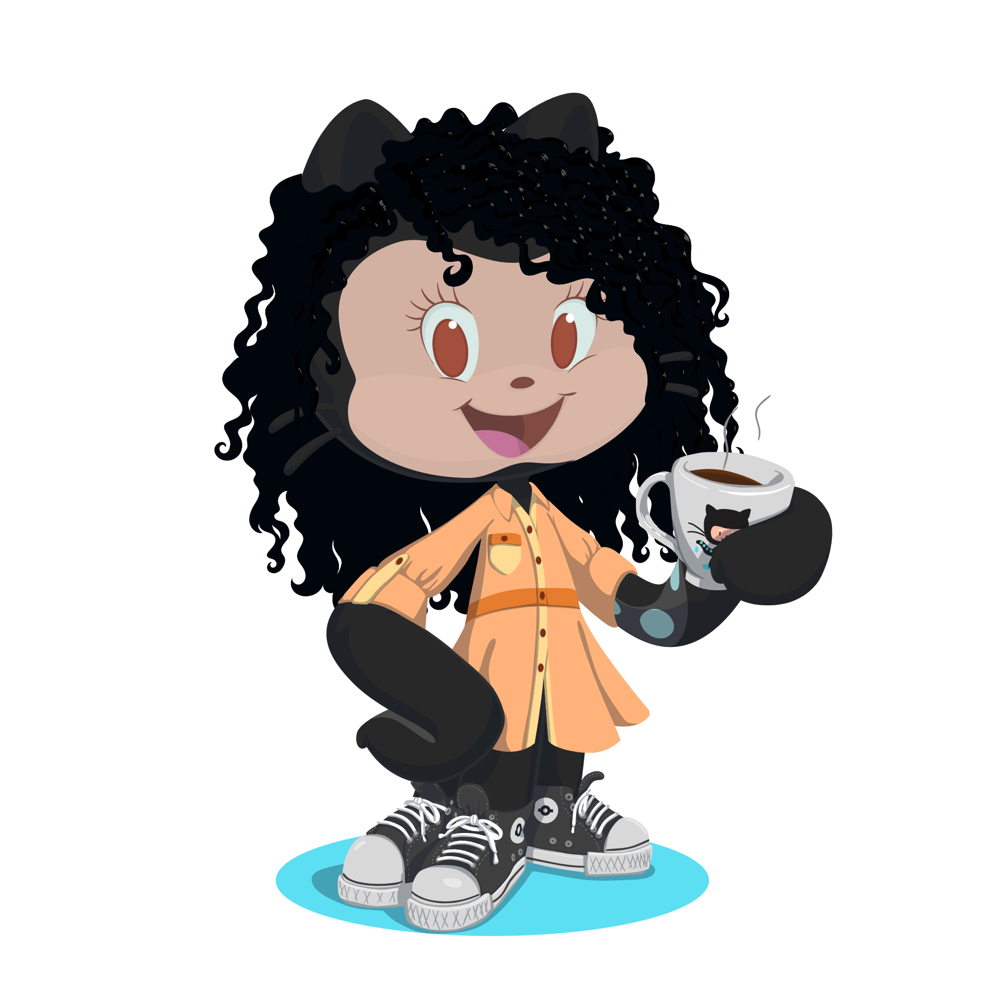 Octocat personalizado com cabelos longos cacheados, vestido amarelo, tênis all star e segurando uma caneca branca com o símbolo do GitHub, o octocat original.