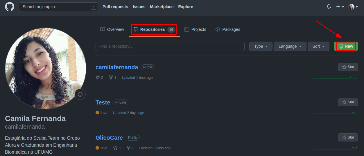 Tela Repositories do GitHub do usuário camilafernanda, com destaque na opção New no canto superior direito.