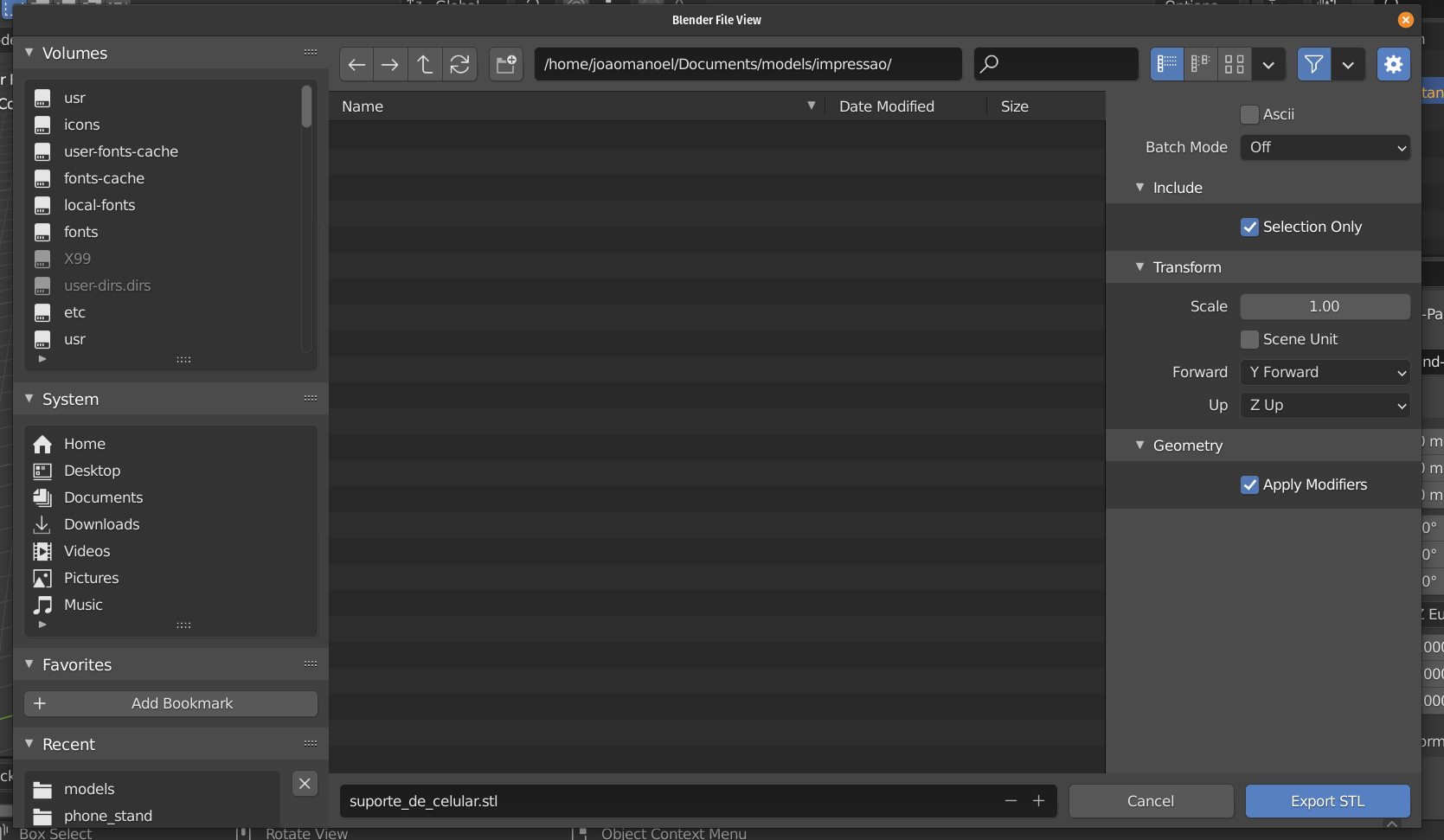 O programa Blender com um menu de exportar um modelo aberto. O arquivo “suporte_de_celular.stl” está prestes a ser salvo no caminho “home/joaomanoel/Documents/models/impressao/”