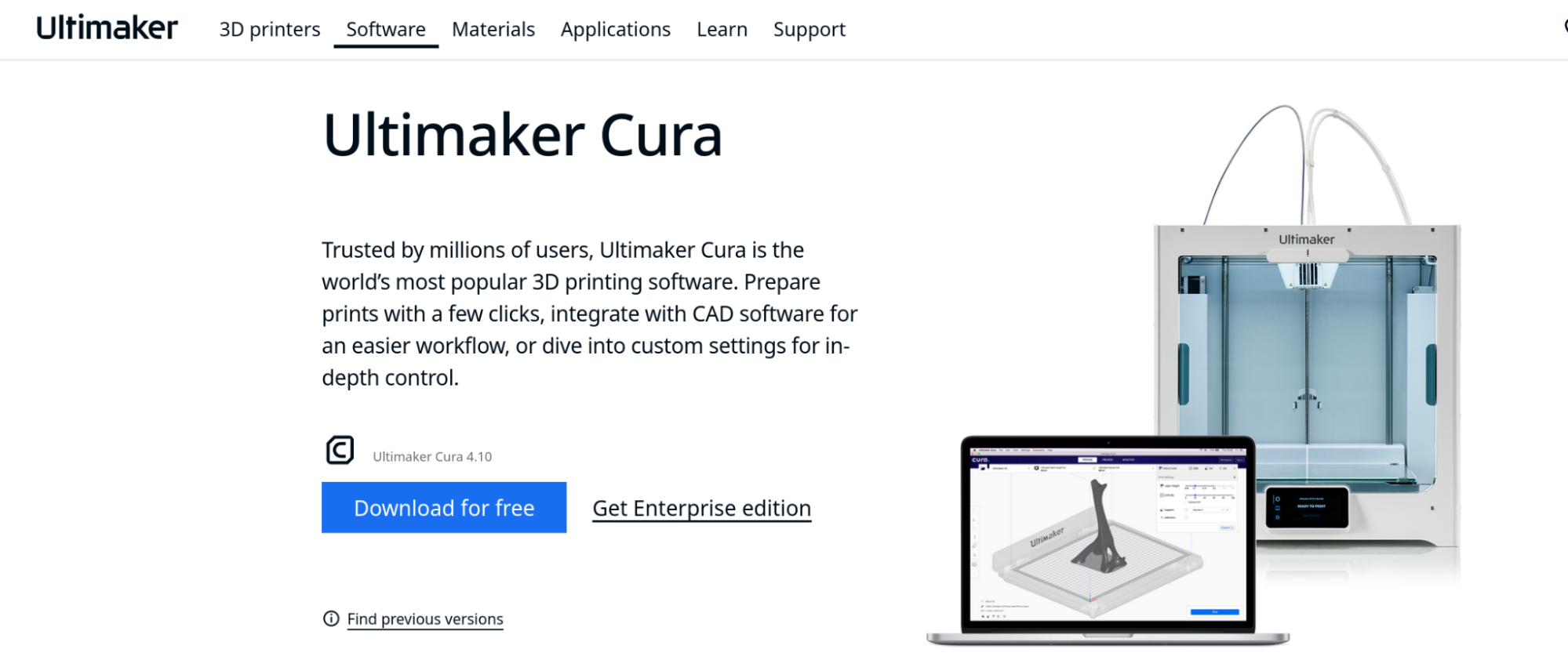 Captura de tela do site https://ultimaker.com/software/ultimaker-cura , mostrando o link para download do software Ultimaker Cura e exemplos do software em execução