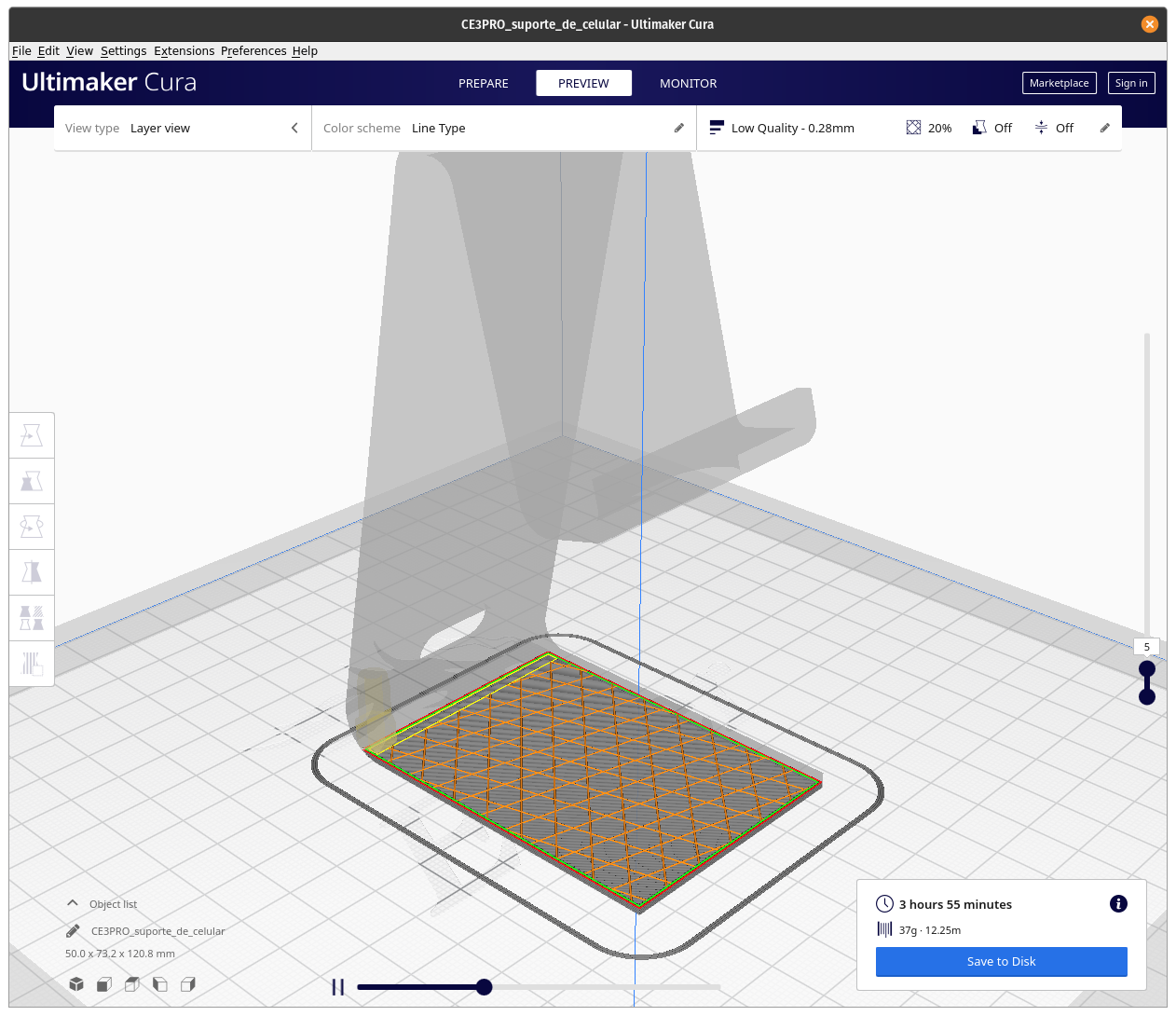 Captura de tela do Ultimaker Cura mostrando uma previsão dos movimentos da máquina ao realizar a impressão do modelo e estimativas dos gastos de material e tempo