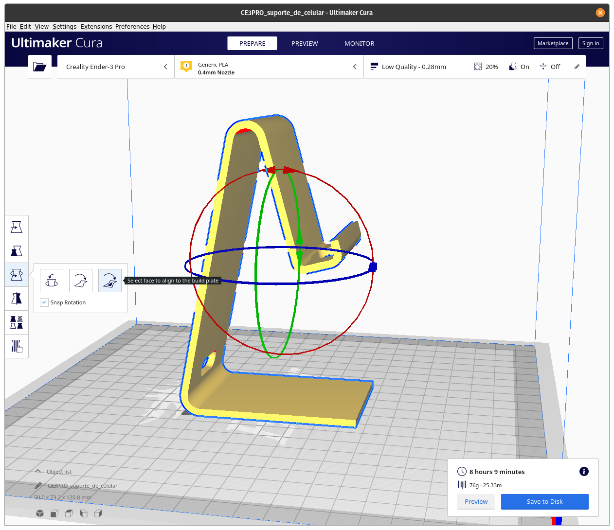 Captura de tela do Ultimaker Cura mostrando as ferramentas de orientação do programa com a opção “Select face to align to the build plate” prestes a ser selecionada