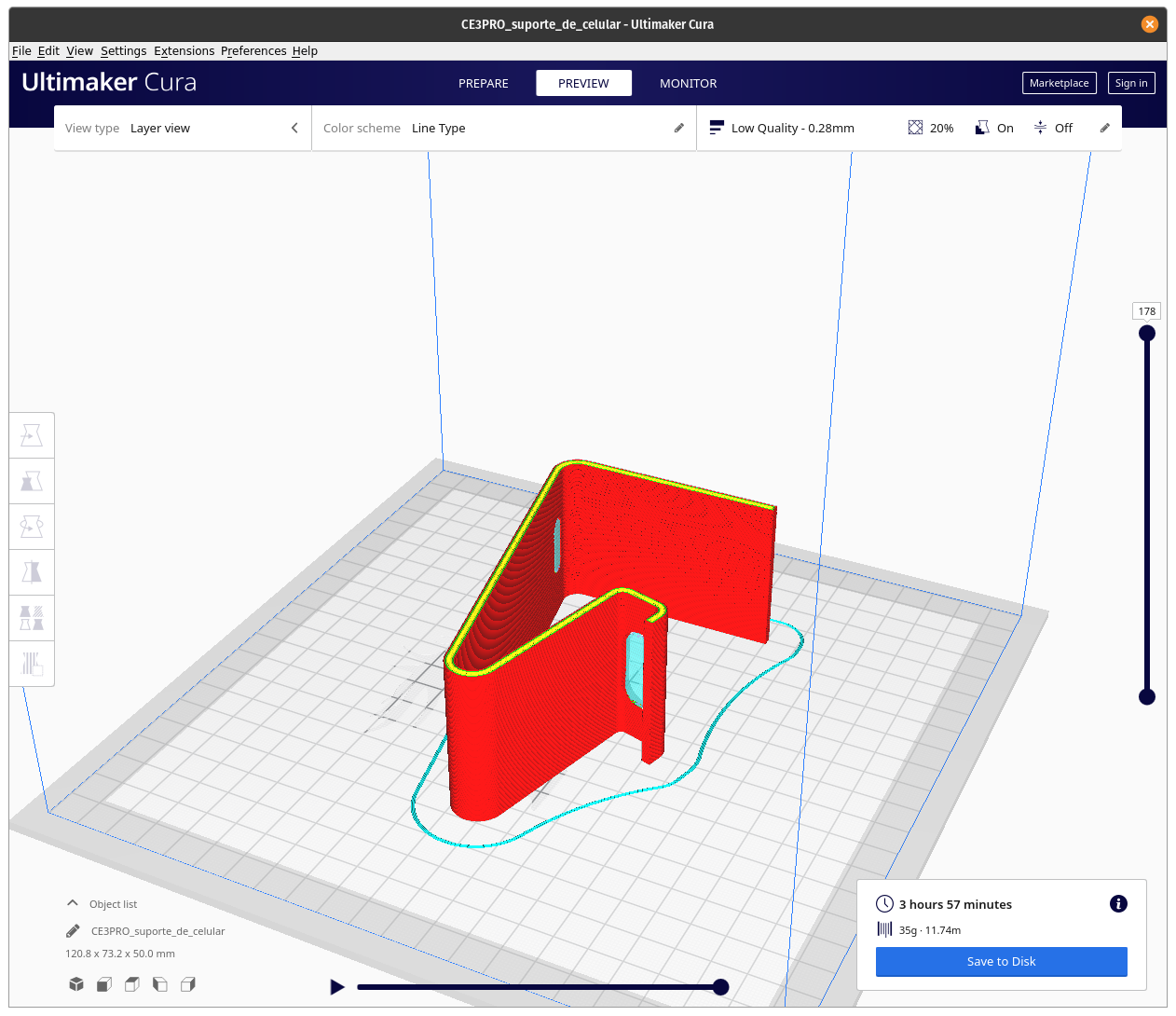 Captura de tela do Ultimaker Cura mostrando o modelo anterior já processado para impressão e com o mesmo artefato nas laterais