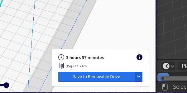 Captura de uma fração da tela do Ultimaker Cura mostrando as estimativas de tempo de 3 horas e 57 minutos e o consumo de material indicando 35g
