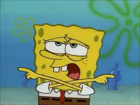 Personagem Bob Esponja dos desenhos infantis confuso em indicar uma direção. Ele é quadrado, amarelo com furinhos pelo corpo, usa uma camisa branca com gravata vermelha e tem a calça quadrada na cor marrom.