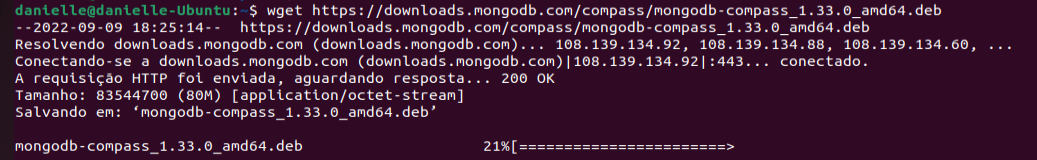 Terminal do Linux onde o comando  wget https://downloads.mongodb.com/compass/mongodb-compass_1.33.0_amd64.deb foi executado para baixar o MongoDB Compass.