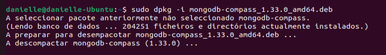 Terminal do Linux onde o comando sudo dpkg -i mongodb-compass_1.33.0_amd64.deb foi executado para realizar a  instalação do MongoDB Compass.