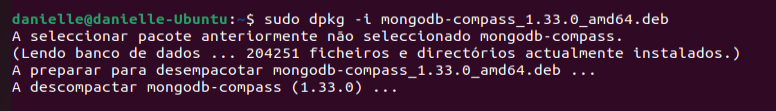 Terminal do Linux onde o comando sudo dpkg -i mongodb-compass_1.33.0_amd64.deb foi executado para realizar a instalação do MongoDB Compass.
