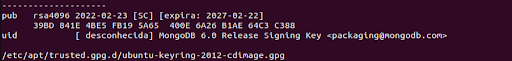 Imagem do terminal do linux, onde foi executado o comando apt-key list e a chave do MongoDB foi criada corretamente.