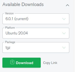 Página de available Downloads, onde temos a opção de versão, onde informamos a versão que será instalada, a opção de plataforma, onde informamos o sistema operacional e a opção de pacote de instalação, onde temos o pacote **tgz** para a instalação dos executáveis ou os arquivos **.deb**.