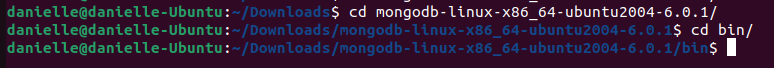 Terminal do Linux, onde foi utilizado o comando cd para acessar o diretório de instalação do mongoDB até a pasta bin.