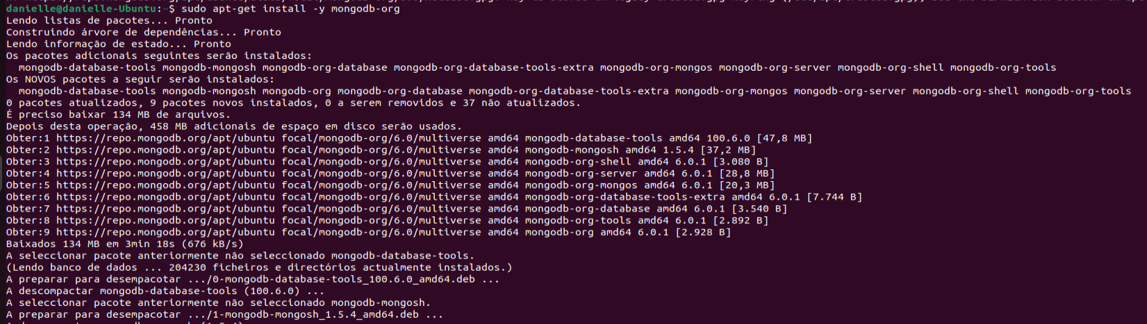 Terminal do Linux, onde foi utilizado o comando sudo apt-get install -y mongodb-org  para realizar a instalação do MongoDB.