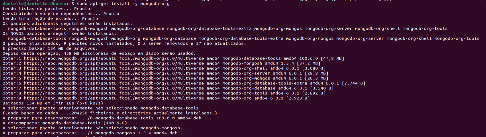 Terminal do Linux, onde foi utilizado o comando sudo apt-get install -y mongodb-org para realizar a instalação do MongoDB.
