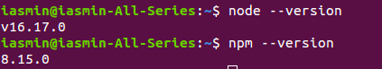 Tela do terminal Ubuntu, com fundo roxo. Temos, em verde claro, o nome de usuário, e o ‘til’ em azul claro. O restante do texto aparece em branco:iasmin@iasmin-All-Series:~$ node --version v16.17.0 iasmin@iasmin-All-Series:~$ npm --version 8.15.0