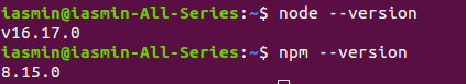 Tela do terminal Ubuntu, com fundo roxo. Temos, em verde claro, o nome de usuário, e o ‘til’ em azul claro. O restante do texto aparece em branco:iasmin@iasmin-All-Series:~$ node --version v16.17.0 iasmin@iasmin-All-Series:~$ npm --version 8.15.0