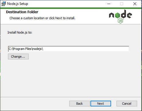 Tela da janela do instalador do Node, com um fundo branco e texto em preto. Na parte superior da janela temos uma linha com fundo em tom mais claro e, ao lado esquerdo, o texto em inglês “Destination Folder” em negrito, seguido do texto: “Choose a custom location or click Next to install”. À frente, do lado direito, está o logotipo do Node.js. Abaixo, uma linha horizontal seguida do texto “Install Node.js to:”. Abaixo, uma caixa retangular centralizada com o caminho em que o Node.js será instalado: “C:\Program Files\node.js\”. Abaixo temos um botão com o texto “Change…”, para mudança do caminho de instalação e em seguida outra linha horizontal que antecede os botões “Back”, “Next” e “Cancel”, dispostos horizontalmente.