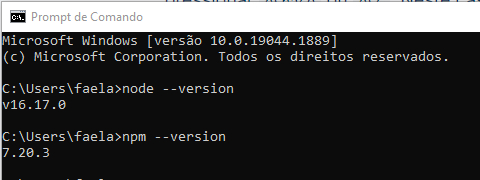Tela de terminal com fundo em preto e letras em branco com o seguinte texto:“C:\Users\faela>node --versionv16.17.0C:\Users\faela>npm --version7.20.3”