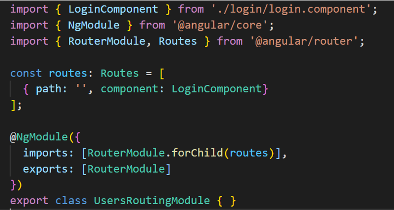Configuração de rotas no arquivo `UsersRoutingModule`.