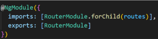 Decorator @NgModule com *imports* e *exports*, no módulo filho