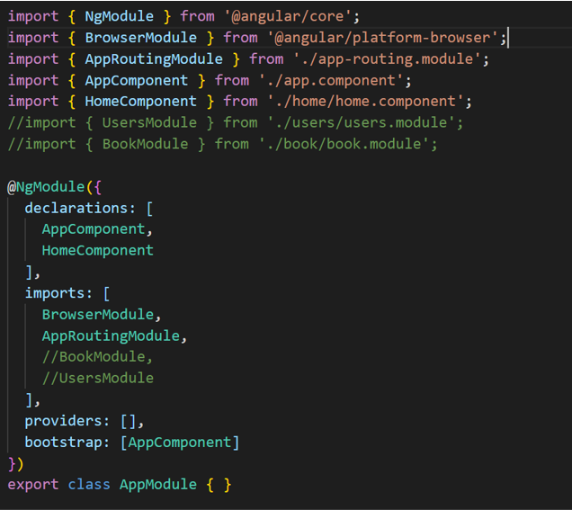 Arquivo `app.module.ts` com as importações dos módulos `BookModule` e `UsersModule` comentadas.