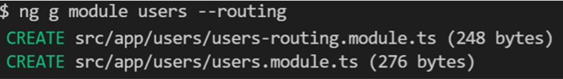 Criação de um módulo chamado users através do comando do Angular CLI: ng g module users  --routing e a descrição dos arquivos criados.