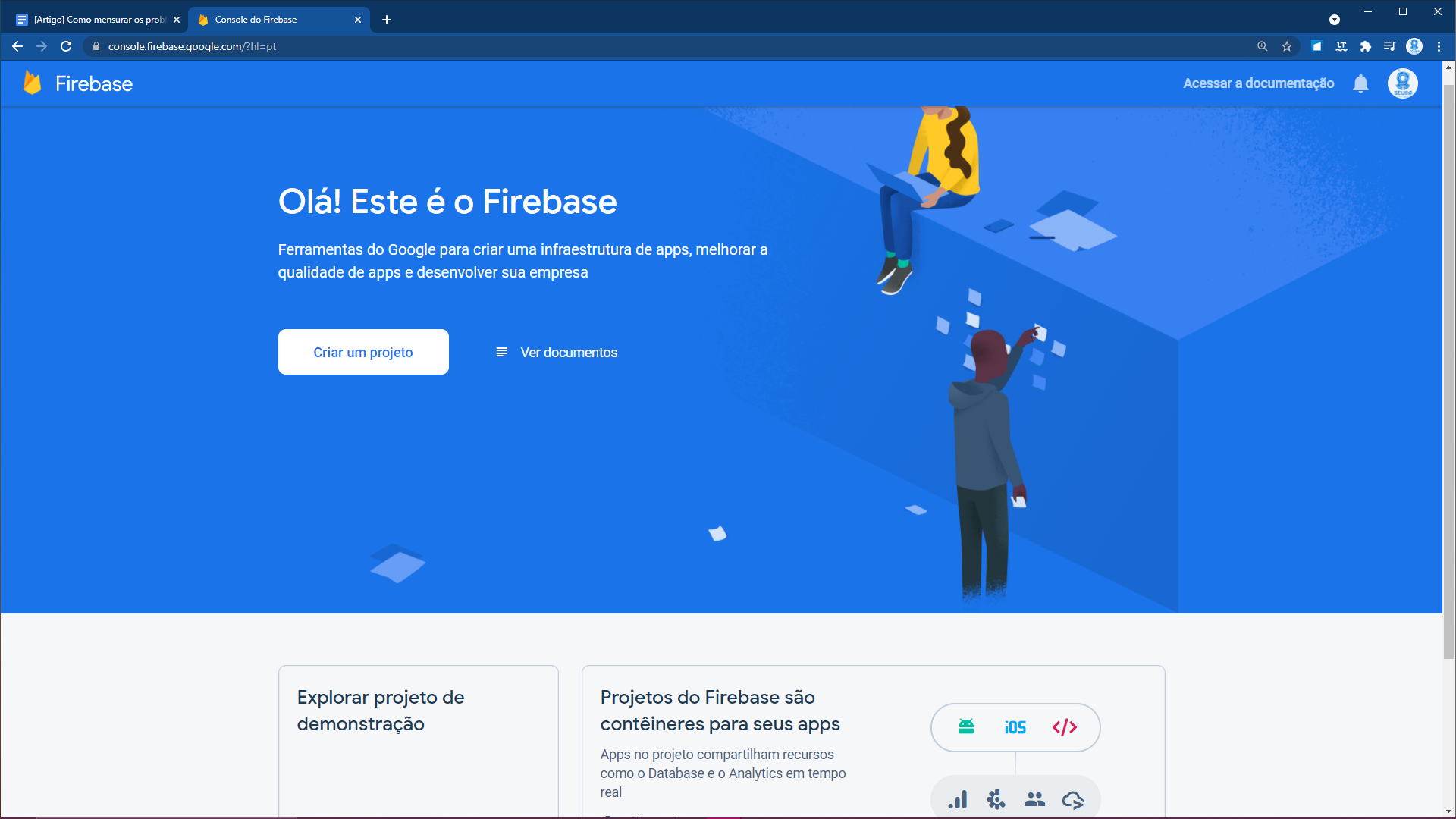 Na imagem, há a página inicial do Firebase. Em destaque na tela, há uma apresentação com os dizeres “Olá! Este é o Firebase” e um botão para criar um novo projeto.