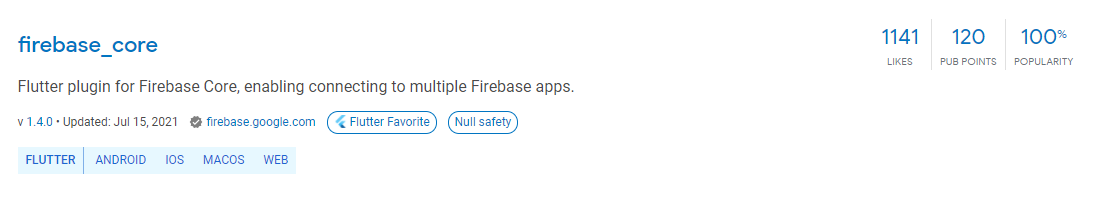 Na imagem, há um item da busca no site pub.dev que mostra a dependência firebase_core que foi feita por firebase.google.com.