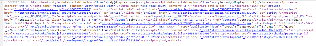 Uma linha de código fonte com todo o conteúdo da página início. Contém os elementos <h1> de título, <h2> para a descrição e <img loading="lazy"> para a imagem no código fonte.