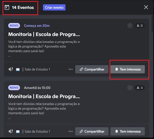 Os eventos também ganharam um botão especial, logo acima da categoria Primeiros Passos. Ao clicar, você visualiza a lista de Monitorias e Lives de forma bem mais organizada e pode marcar aqueles que tem interesse, para receber notificações.