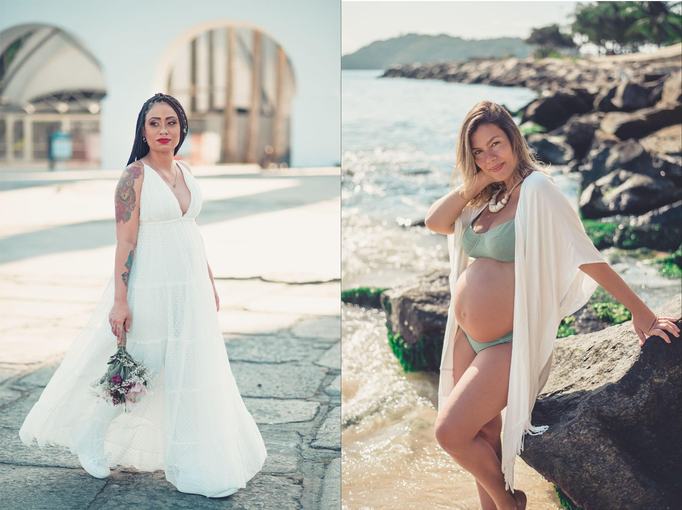 Foto 1: Noiva de vestido longo segurando um buquê fingindo caminhar para frente em uma praça; Mulher grávida apoiada em uma pedra na praia.