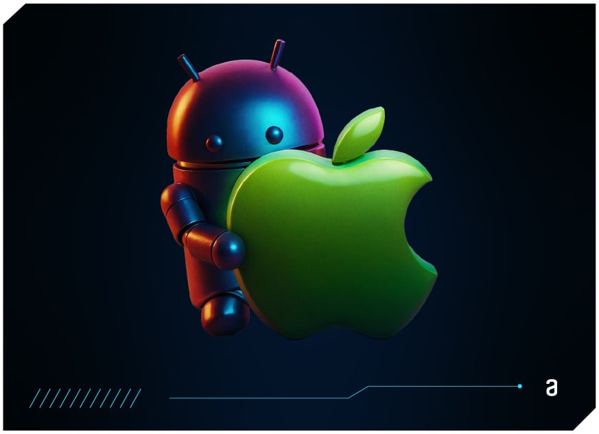 Um robô com o visual característico do Android, com cores metálicas e iluminação neon, segurando o logotipo da Apple em verde, sobre um fundo escuro com elementos gráficos futuristas.
