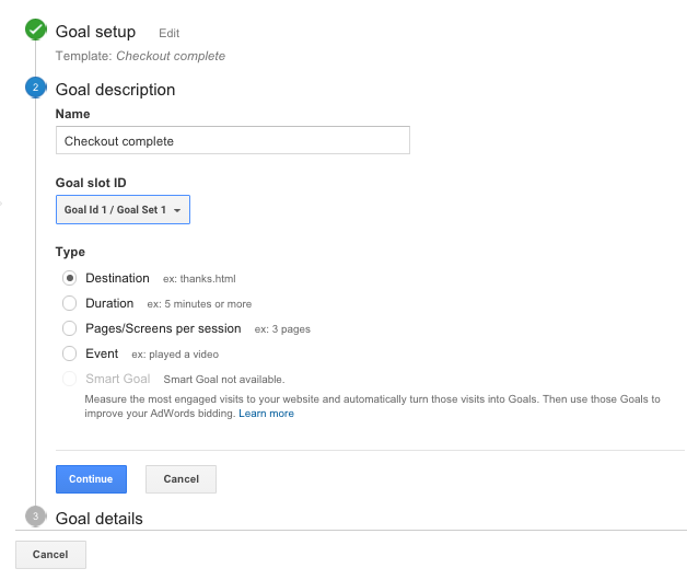 Goal Setup de testes A/B