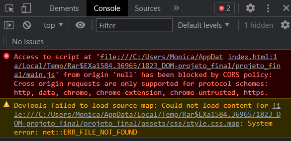 Console do navegador exibindo o erro Access to script at 'file:///C:/Users/Monica/AppData/Local/Temp/Rar$EXa1584.36965/1823_DOM-projeto_final/projeto_final/main.js' from origin 'null' has been blocked by CORS policy: Cross origin requests are only supported for protocol schemes: http, data, chrome, chrome-extension, chrome-untrusted, https.