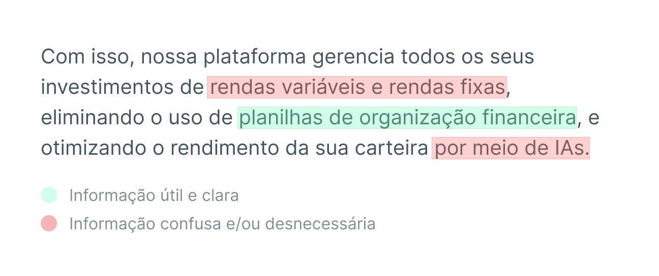 Exemplo de Teste de Marcador, contendo a frase “Com isso, nossa plataforma gerencia todos os seus investimentos de rendas variáveis e rendas fixas, eliminando o uso de planilhas de organização financeira, e otimizando o rendimento da sua carteira por meio de IAs.” Abaixo, estão duas legendas, sendo a primeira, identificada na cor verde, como “Informação útil e clara”, e a segunda em vermelho como “Confusa e/ou desnecessária”. No texto, as frases “rendas variáveis e rendas fixas” e “por meio de IAs” estão sinalizadas em vermelho, e a frase “planilhas de organização financeira” em verde.