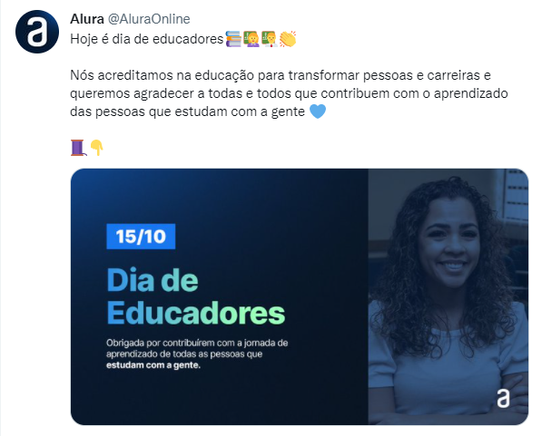 Um post da Alura com imagem e descrição em texto, mostrando como o texto de Tom de Voz da Alura é na prática.