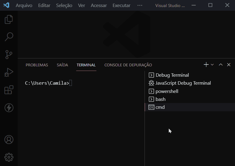 A animação mostra o editor de código VS Code, em fundo preto, e o cursor clicando no ícone em formato de cruz (sinalizando um sinal de “mais”) que fica no canto superior direito do menu do terminal. Após isso é aberto um novo terminal.