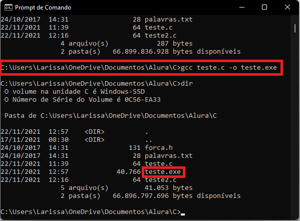 Após os comando citados na última imagem, o comando gcc teste.c -o teste.exe foi executado. Se nenhum resultado é obtido, isso significa que a compilação foi feita com sucesso.